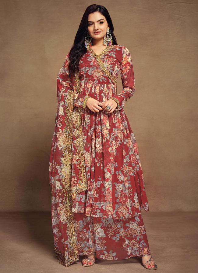 Chiffon Rust Party Wear Printed Readymade Plazzo Suit